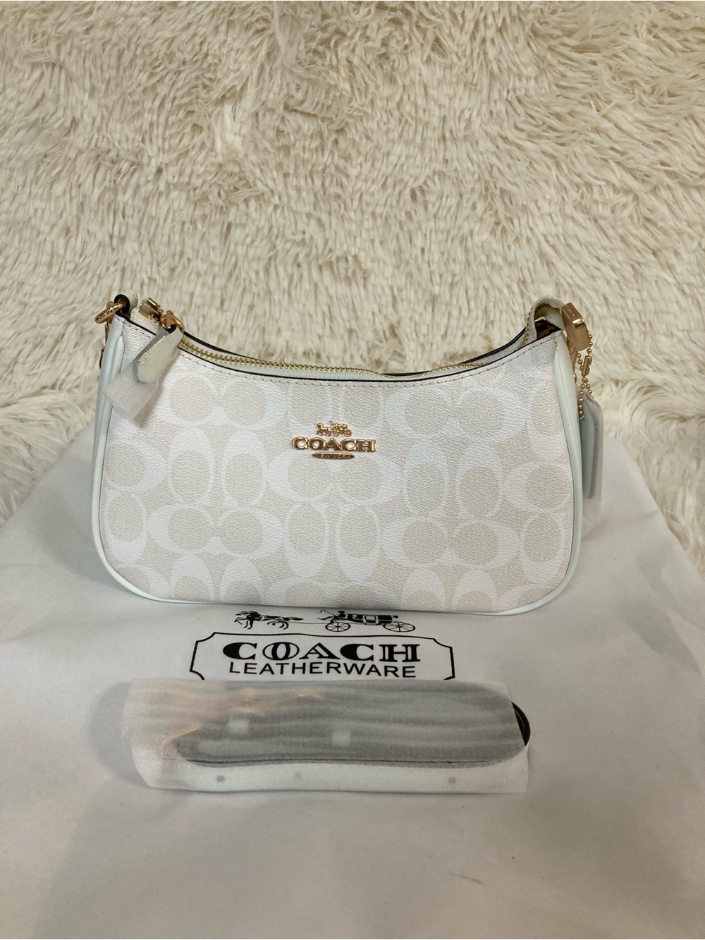 Coach White Signature Canvas Shoulder Bag with Gold Hardware
